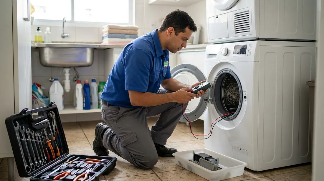 Técnico testando uma lava e seca na casa do cliente